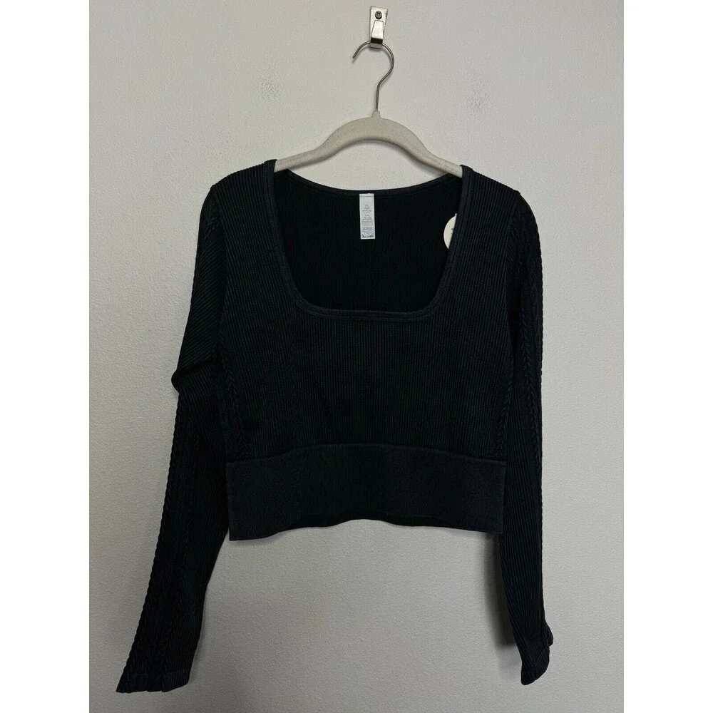 OFFLINE Aerie Seamless Cable Cropped Top XL Black Acid Wash Ribbed Square Neck